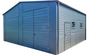 Plechova garáž 7x6m - výklopná vrata- Dvoukřídlá vrata - dveře - 4x Okno -Antracit - okapy - střecha sedlová TS691