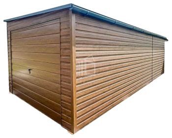 Plechova garáž 3,5x8m +  přístřešek 1m -  výklopná vrata -  dveře -  okapy -  zlatý dub - Imitace dřeva -  střecha  spád dozadu TS697
