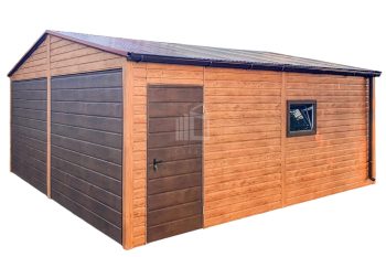Plechova garáž 6x6m - 2x  výklopná vrata - 2x Okna -  dveře -  světlý ořech -  tmavý ořech - Imitace dřeva -  okapy -  střecha  sedlová TS708