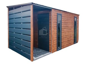 Zahradní domek 2,5x2m +  přístřešek 1m - 2x Okno -  dveře -  světlý ořech- Imitace dřeva - Antracit -  střecha Spád vpředu  TS713