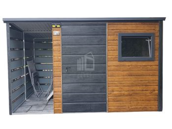 Zahradní domek 2x2,5m + přístřešek 1m - dveře - Okno - norská borovice- světlý ořech - Imitace dřeva - střecha spád dozadu TS715