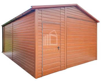 Plechova garáž 4,5x6m - výklopná vrata - dveře - Okno - imitace střešní tašky - okapy - zlatý dub- Imitace dřeva - střecha sedlová TS728