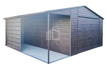 Plechova garáž 4,5x6m + přístřešek 2m - výklopná vrata - Okno - tmavý ořech - Imitace dřeva - okapy - střecha sedlová TS729