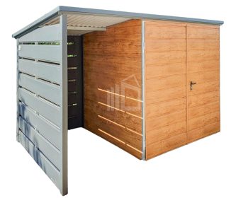 Zahradní domek 2x2 + přístřešek 1,2m - Dvoukřídlá vrata - světlý ořech - Imitace dřeva - Antracit - střecha spád dozadu TS733