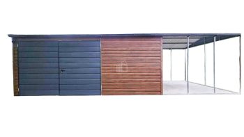 Plechova garáž 6x4 +  přístřešek 3x4  Dvoukřídlá vrata- Okno  -  dveře -  okapy -  tmavý ořech  - Imitace dřeva -  střecha  sedlová TS749