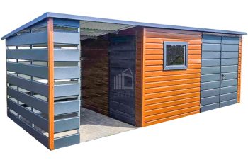 Zahradní domek 4x3 +  přístřešek 3x3 - Dvoukřídlá vrata -  dveře - Okno -  světlý ořech - Antracit -  střecha  spád dozadu TS750