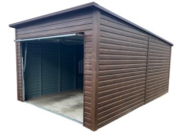 Plechová garáž 3,5x6,výklopná vrata, imitace dřeva, tmavý ořech- střecha spád dozadu TS582