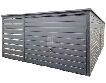 Plechova garáž 3x6m + přístřešek 1,2m - výklopná vrata - Antracit -  střecha  spád dozadu TS762