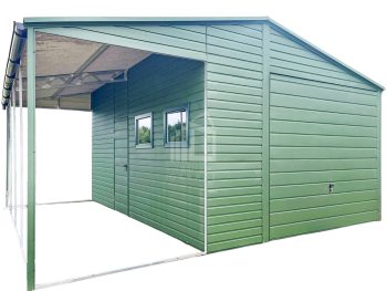 Plechova garáž 4x6 + přístřešek 2m -  výklopná vrata -  dveře - 2x okno -  zelená -  okapy -  střecha  sedlová TS764