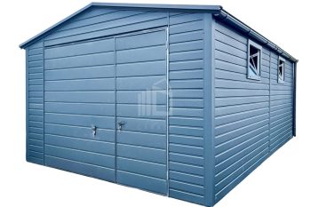 Plechova garáž 4x6m výklopná vrata - dveře - 2x Okno - antracit - střecha sedlová TS766