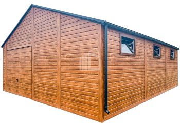 Plechova garáž 7x7m - výklopná vrata - dveře - 6x okno - světlý ořech - Imitace dřeva - okapy - střecha sedlová TS770