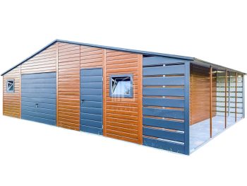 Plechova garáž 8,5x6m + přístřešek 1,5x6m výklopná vrata - dveře - 3x Okno - světlý ořech - Imitace dřeva - AntracIt - střecha sedlová TS771