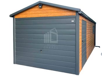 Plechova garáž 3x6m - výklopná vrata - dveře - Okno - světlý ořech - Imitace dřeva - Antracit - okapy - střecha sedlová TS784