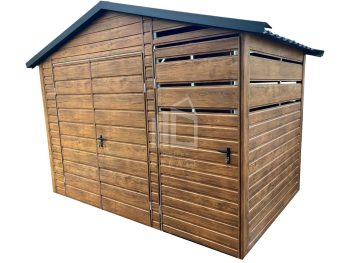 Zahradní domek 2,5x2m +  přístřešek sendvičová výplň 1x2 -  dveře +  Dvoukřídlá vrata -  světlý ořech - Imitace dřeva  -  střecha  sedlová  TS823