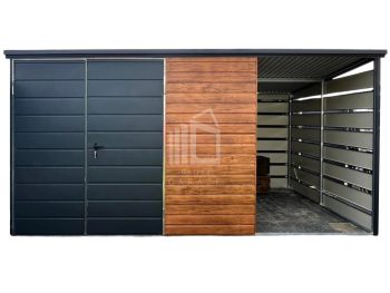 Zahradní domek 3x3m + přístřešek 1,5x3 + Dvoukřídlá vrata - AntracIt + světlý ořech - Imitace dřeva - střecha spád dozadu TS825