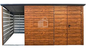 Zahradní domek 3x2,5m +  přístřešek 1,5x2,5 -  Dvoukřídlá vrata - světlý ořech - Imitace dřeva  -  střecha  spád dozadu  TS826