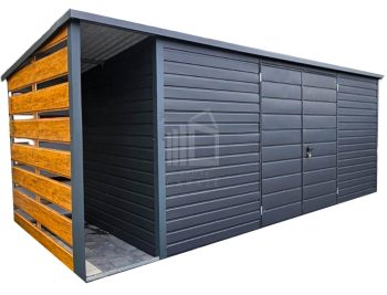 Zahradní domek 5x2m + přístřešek 0,8x2m -  Dvoukřídlá vrata  Antracit  -  střecha  spád dozadu  TS829