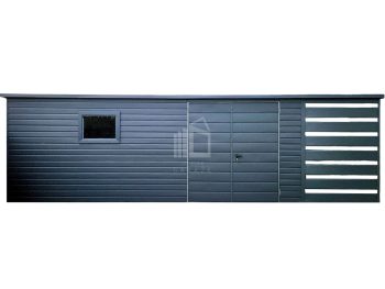 Zahradní domek 6,5x2,5m +  přístřešek 1,5x2,5m -  Dvoukřídlá vrata - okno - Antracit  -  střecha  spád dozadu TS841