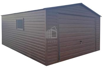 Plechova garáž 4x5m -  výklopná vrata-  dveře - okno -  tmavý ořech - Imitace dřeva -  střecha  sedlová  TS844