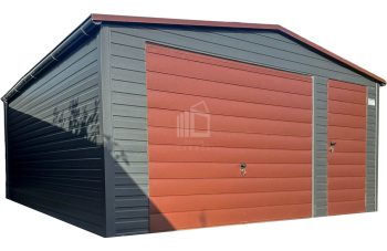 Plechova garáž 5x6m - výklopná vrata - dveře - tmavě hnědá - antracit - okapy - střecha sedlová TS858