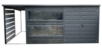 Zahradní domek 4x2,5 m + přístřešek 1,2 x 2,5 m - spád dozadu - dvoukřídlá vrata - dveře - 3x okno - antracit  TS618