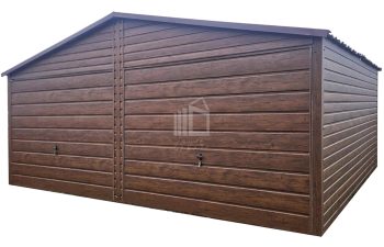 Plechova garáž 6x5,8m - 2x výklopná vrata - imitace střešní tašky - tmavý ořech - Imitace dřeva - dveře sedlová TS873