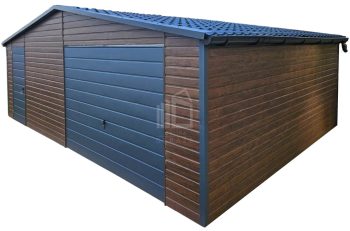 Plechova garáž 7,5x6m - výklopná vrata - dveře - 2x okno - tmavý ořech - Imitace dřeva - imitace střešní tašky - okapy - střecha sedlová TS874
