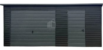 Plechova garáž 7x6m - výklopná vrata - dveře - okno - černá - antracit - střecha spád dozadu TS876