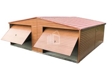Plechova garáž 7,5x6m - 2x   výklopná vrata  -  zlatý dub - Imitace dřeva -  imitace střešní tašky -  okapy -  střecha  sedlová TS881