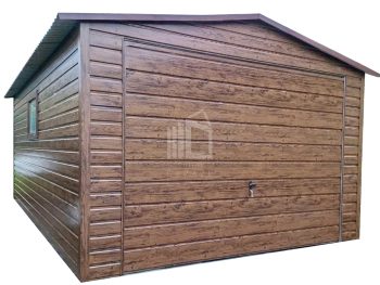 Plechova garáž 4x6m -  výklopná vrata -  dveře - okno -  tmavý ořech - Imitace dřeva -  střecha  sedlová TS895