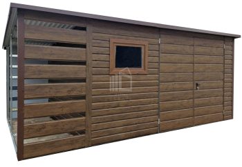 Zahradní domek +  přístřešek 1x3m - 4x3m -  Dvoukřídlá vrata - okno -  tmavý ořech - Imitace dřeva -  střecha  spád dozadu TS927