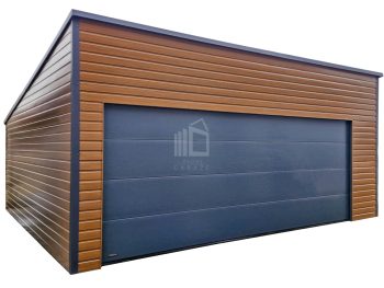 Plechova garáž 6,5x6m -  sekční vrata -  dveře -  zlatý dub - Imitace dřeva -  střecha  spád dozadu TS931