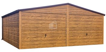 Plechova garáž 6x6,5m -  výklopná vrata -  světlý ořech - Imitace dřeva - okapy -  střecha  sedlová TS932
