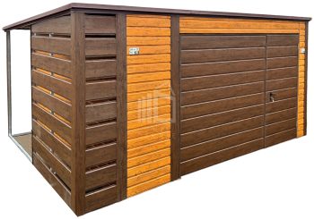 Zahradní domek - Garáž 4x3m + přístřešek 0,5m - výklopná vrata - světlý ořech - tmavý ořech - Imitace dřeva - střecha spád dozadu TS959