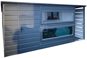 Zahradní domek 3,8x2,5m + přístřešek 0,7x2,5m -  Dvoukřídlá vrata - 2x Okno - antracIt - okapy -  střecha  spád dozadu TS963
