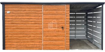 Zahradní domek 3x2m + přístřešek 1,5m - dveře - světlý ořech - Imitace dřeva - antracit - střecha spád dozadu TS965