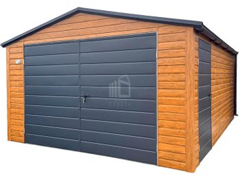 Plechova garáž 4,5x6m - Dvoukřídlá vrata - dveře - světlý ořech - Imitace dřeva - antracit - okapy - střecha sedlová TS976