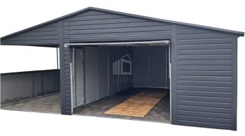 Plechova garáž 5x6m + přístřešek 4m - výklopná vrata - antracit - střecha sedlová TS977