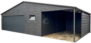Plechova garáž 8x6m + přístřešek 3x6 -  sekční vrata -  dveře - okno -  norská borovice - antracit - Imitace dřeva -  okapy -  střecha  sedlová TS978