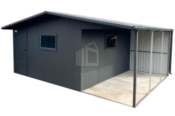 Plechova garáž- Zahradní domek  4x6m + přístřešek 2x6m -  dveře - 2x Okno - Antracit -  okapy -  střecha  sedlová TS1005