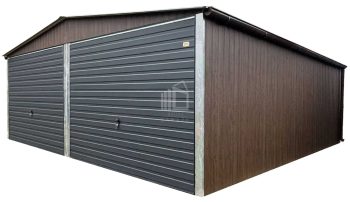 Plechova garáž 6x5,8m - 2x výklopná vrata - tmavý ořech - Imitace dřeva - antracit - okapy - střecha sedlová TS1010