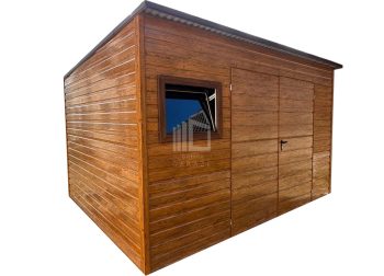 Zahradní domek 4x2,5m - Dvoukřídlá vrata - okno - světlý ořech - Imitace dřeva - střecha spád dozadu TS1002