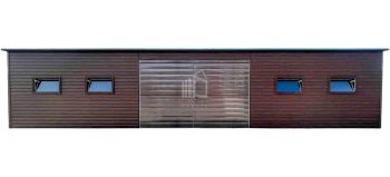 Plechova garáž 13,5x4,5m -  Dvoukřídlá vrata - 4x okno -  tmavý ořech - Imitace dřeva -  střecha  spád dozadu TS1016