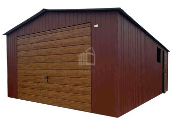 Plechova garáž 4,5x6m - výklopná vrata - dveře - okno - světle hnědá - Imitace dřeva - střecha sedlová TS1017