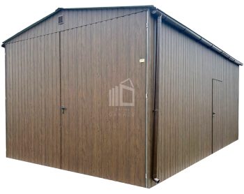 Plechova garáž 4x6m -  Dvoukřídlá vrata -  dveře -  tmavý ořech - Imitace dřeva -  střecha  sedlová TS1018