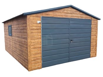 Plechová garáž 4x5, vrata - okno PVC - světlý ořech - imitace dřeva - sedlová střecha TS539