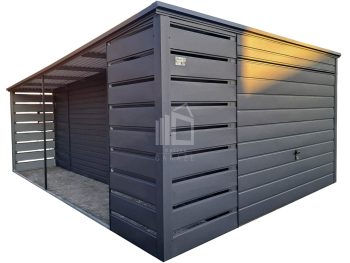 Plechova garáž 3x6m + přístřešek 1m - výklopná vrata - dveře - antracit - střecha spád dozadu TS1048