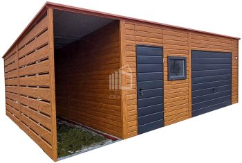 Plechova garáž 6x6m + přístřešek 1,5m - výklopná vrata - dveře - okno - světlý ořech - imitace dřeva - antracit - střecha spád dozadu TS1051