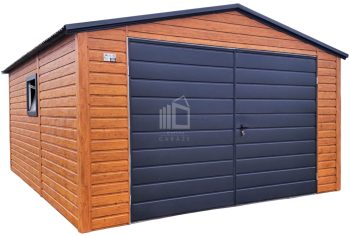 Plechova garáž 4x5m - Dvoukřídlá vrata - okno - světlý ořech - imitace dřeva - střecha sedlová TS1064