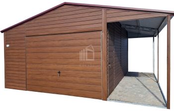 Plechova garáž 4x6m + přístřešek 1,5m - výklopná vrata - dveře - tmavý ořech - imitace dřeva - střecha sedlová TS1065